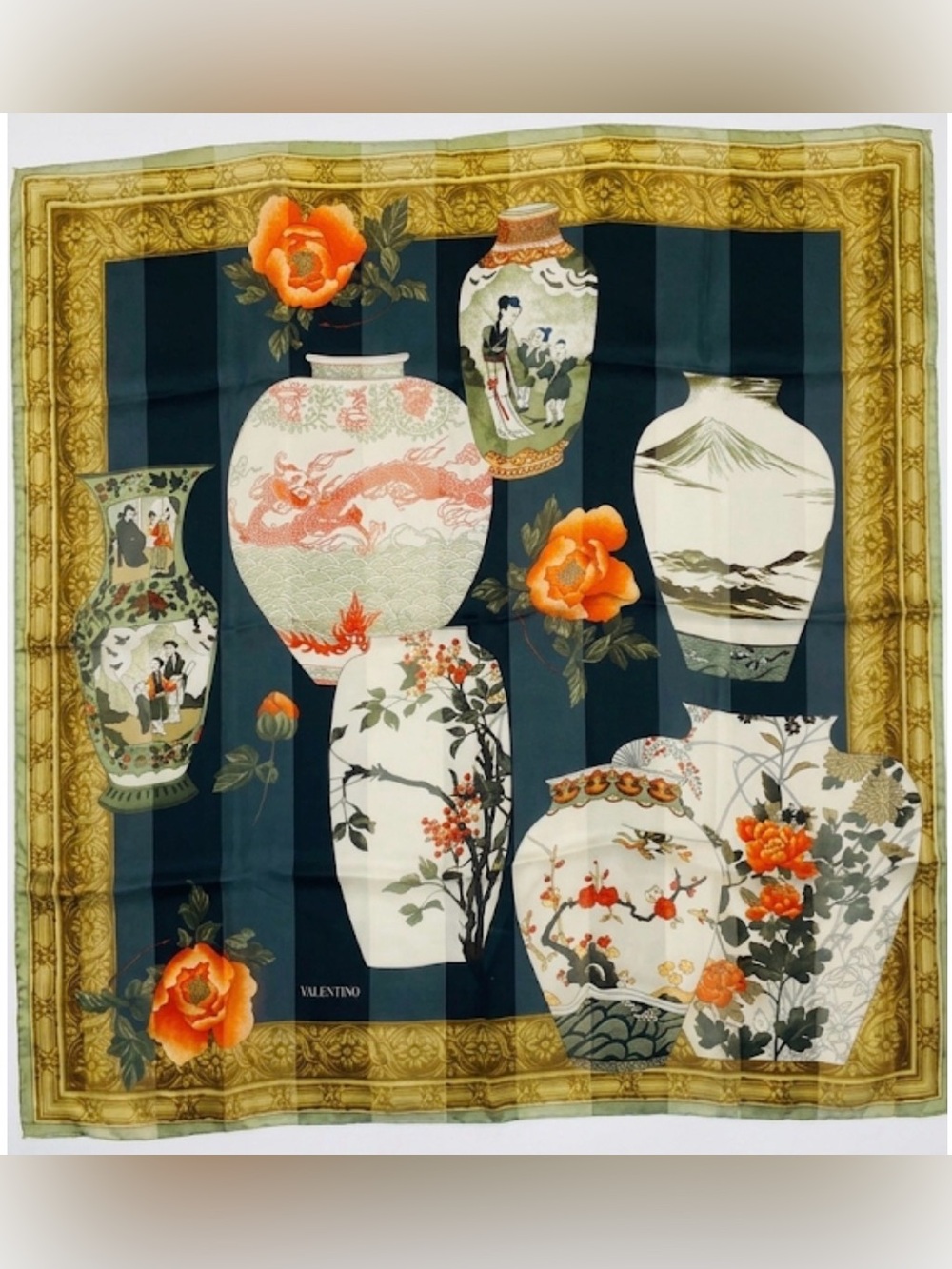 Vintage Valentino Silk Scarf Chinoiserie Porcelain Vase & Peony Print